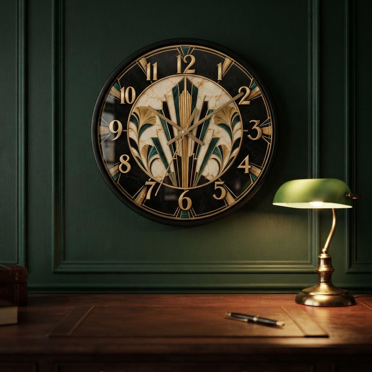 Art Deco Clock, 10-Inch Geometric Wall with Wood Frame