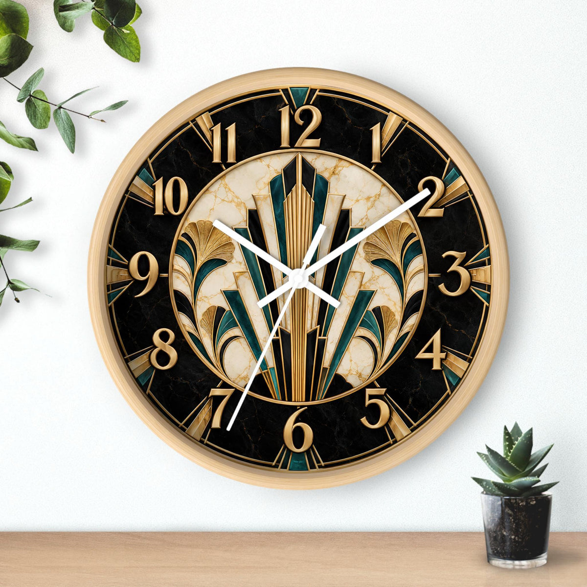Art Deco Clock, 10-Inch Geometric Wall with Wood Frame