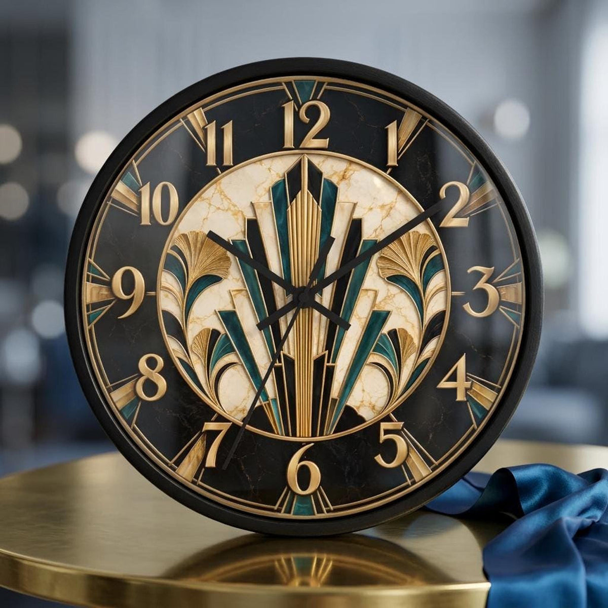 Art Deco Clock, 10-Inch Geometric Wall with Wood Frame