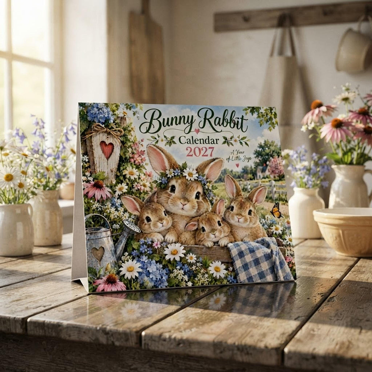 2027 Bunny Wall Calendar, Seasonal Rabbit Artwork with Writable Matte Grids