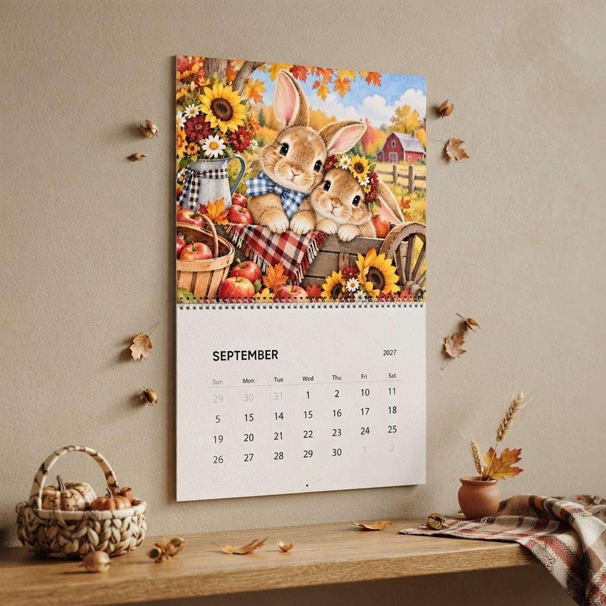 2027 Bunny Wall Calendar, Seasonal Rabbit Artwork with Writable Matte Grids