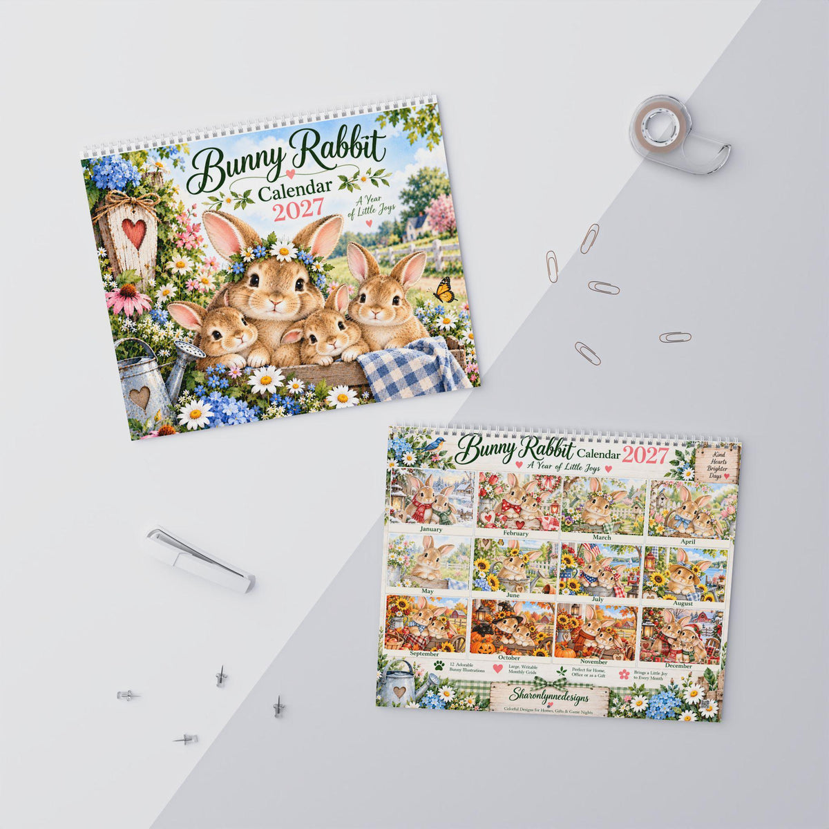 2027 Bunny Wall Calendar, Seasonal Rabbit Artwork with Writable Matte Grids
