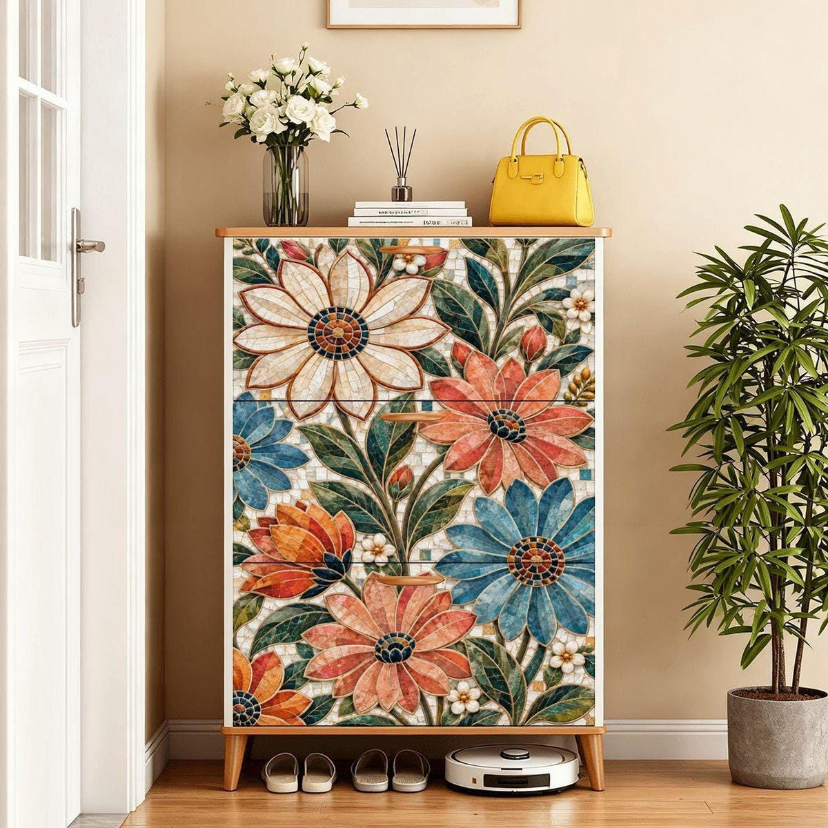 Floral Mosaic Shoe Cabinet, Slim Entryway Storage with Adjustable Shelves