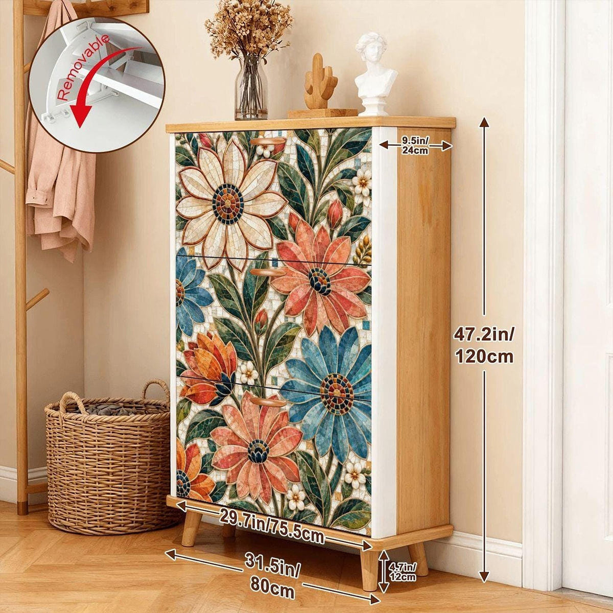 Floral Mosaic Shoe Cabinet, Slim Entryway Storage with Adjustable Shelves