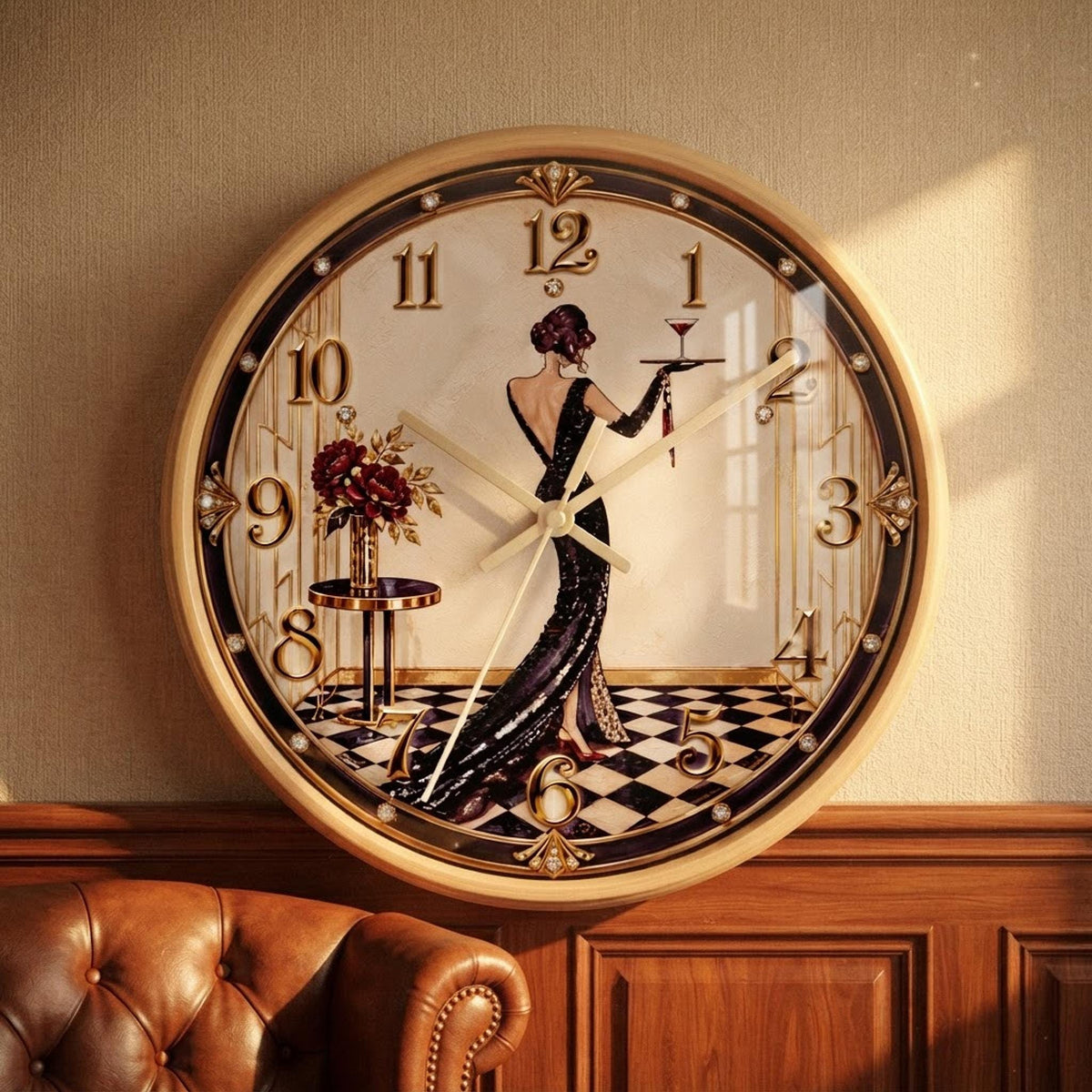 Art Deco Wall Clock, 100% Wood Frame with Silent Movement