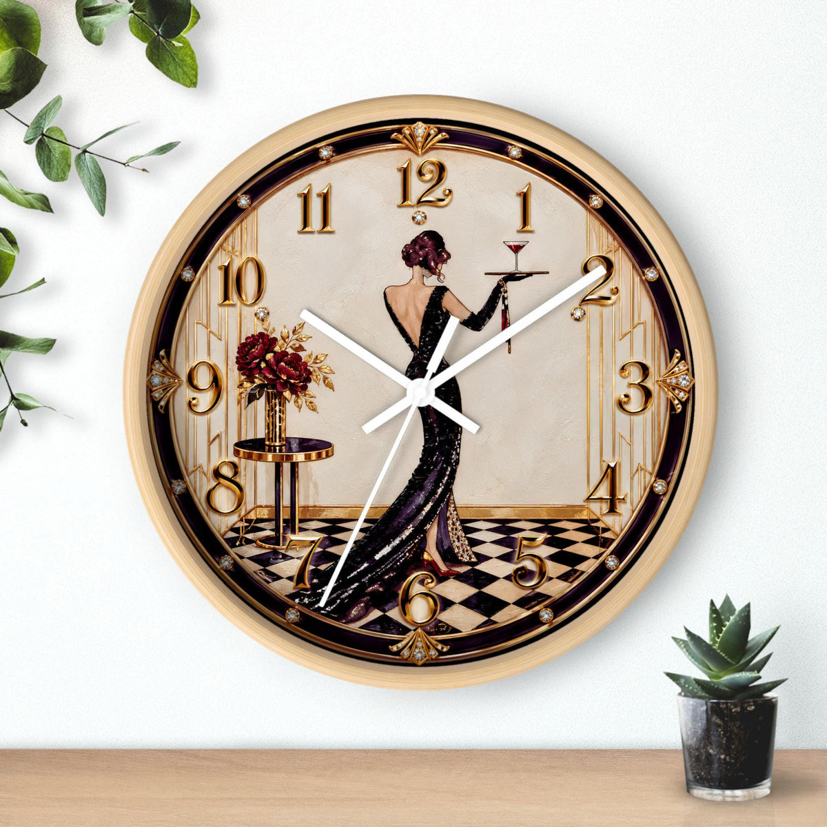Art Deco Wall Clock, 100% Wood Frame with Silent Movement