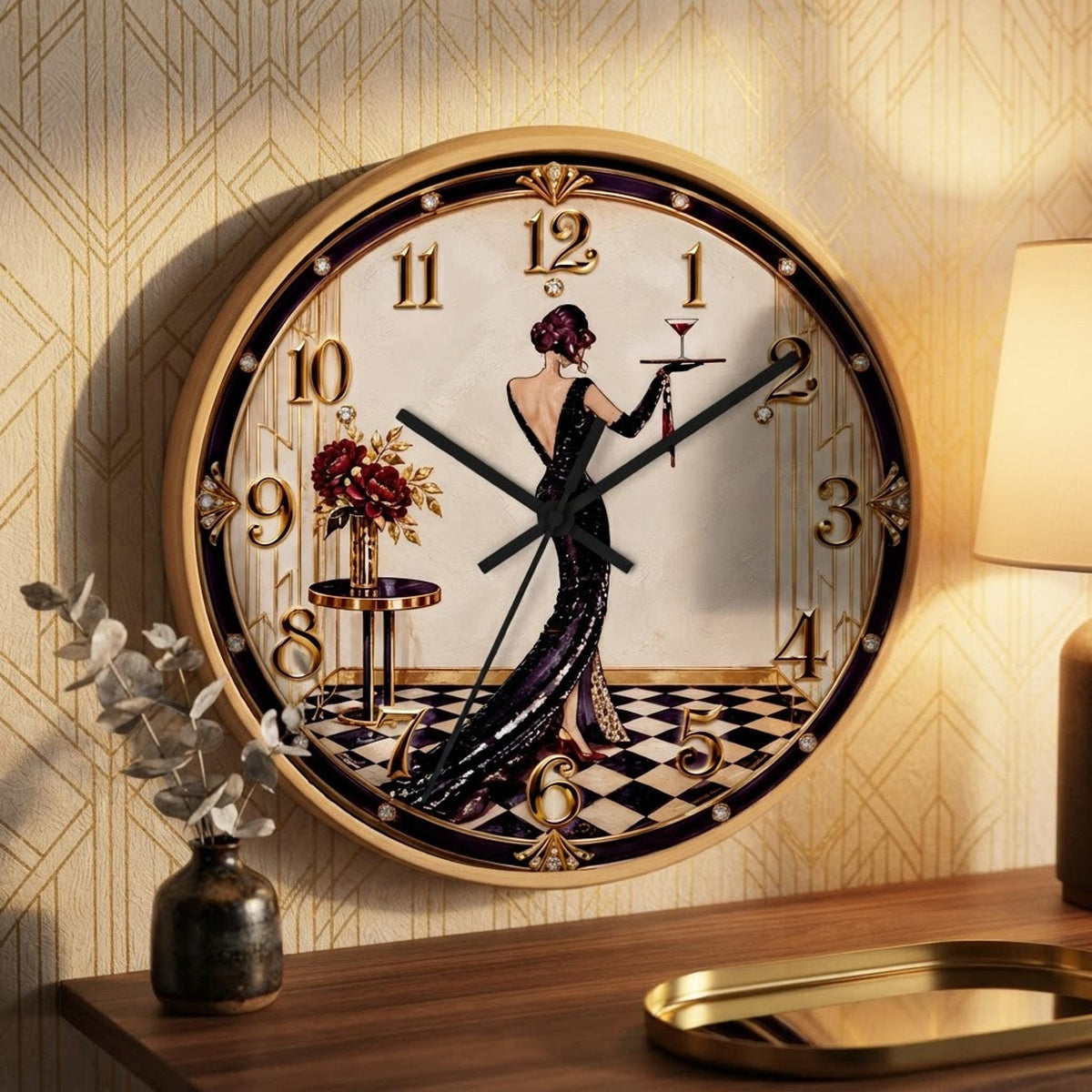 Art Deco Wall Clock, 100% Wood Frame with Silent Movement