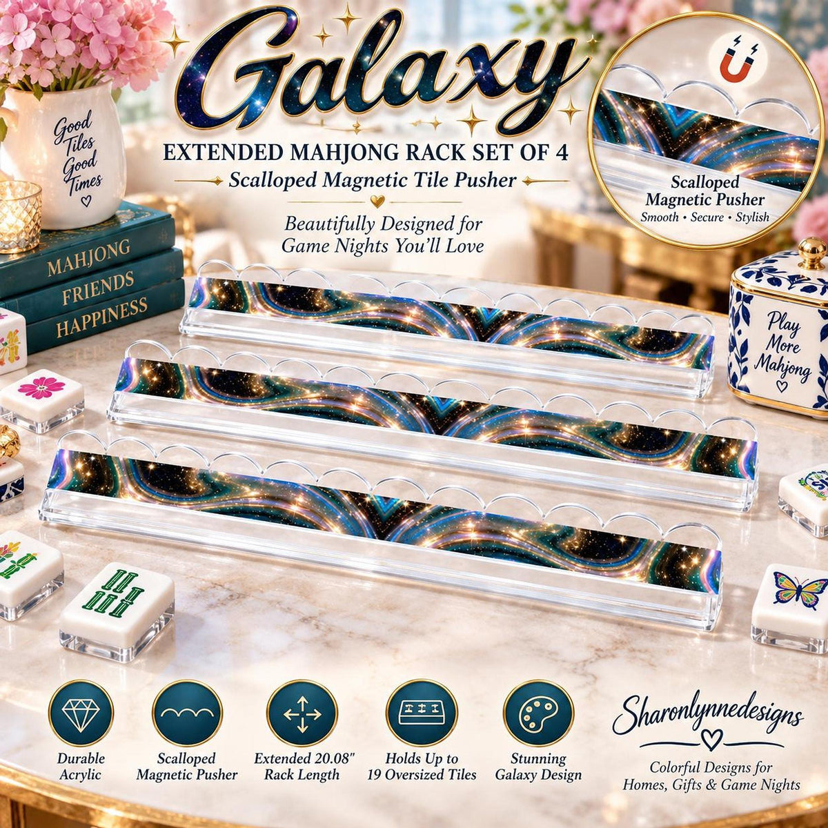 Galaxy Mahjong Rack Set, 4 Extended Acrylic with Magnetic Pushers