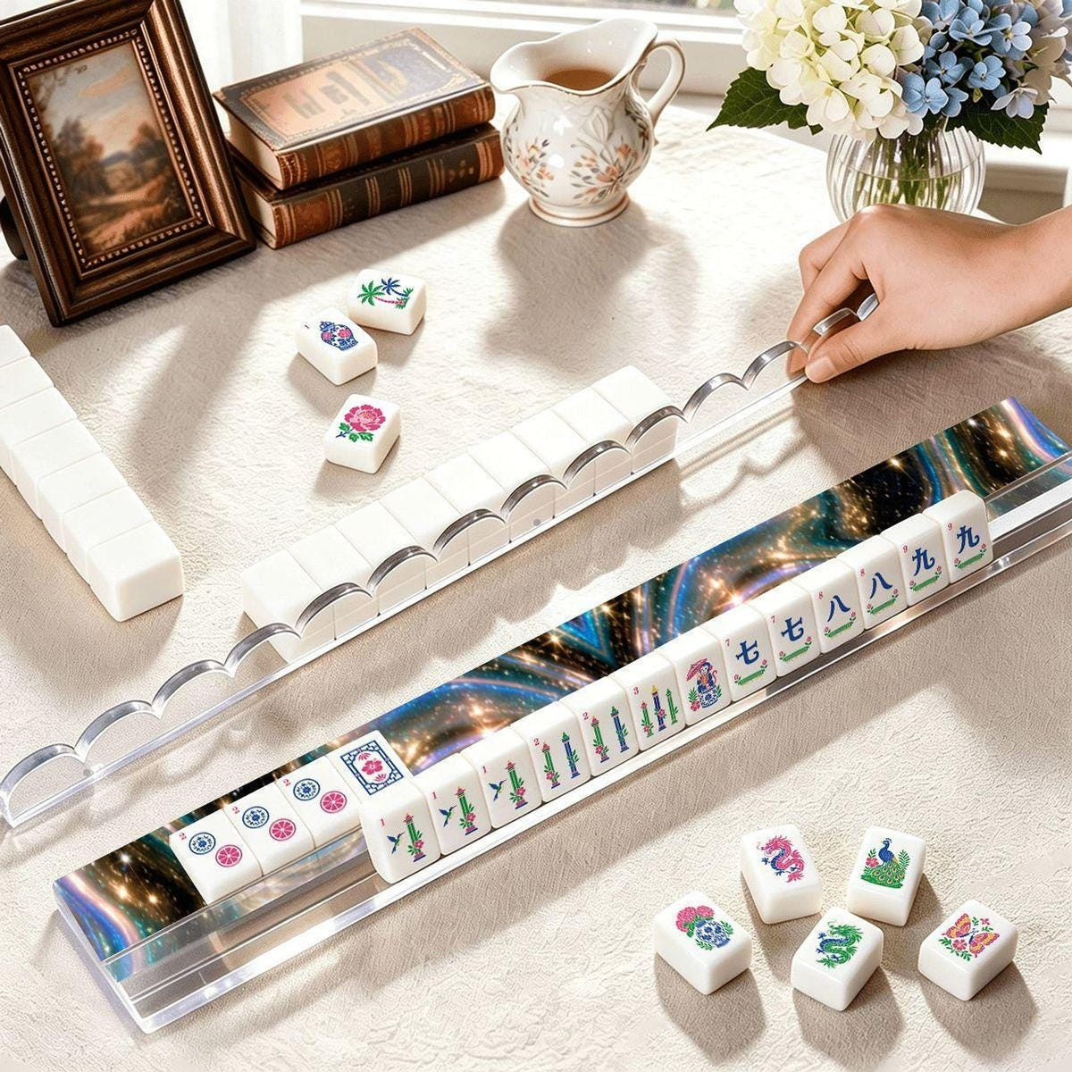 Galaxy Mahjong Rack Set, 4 Extended Acrylic with Magnetic Pushers