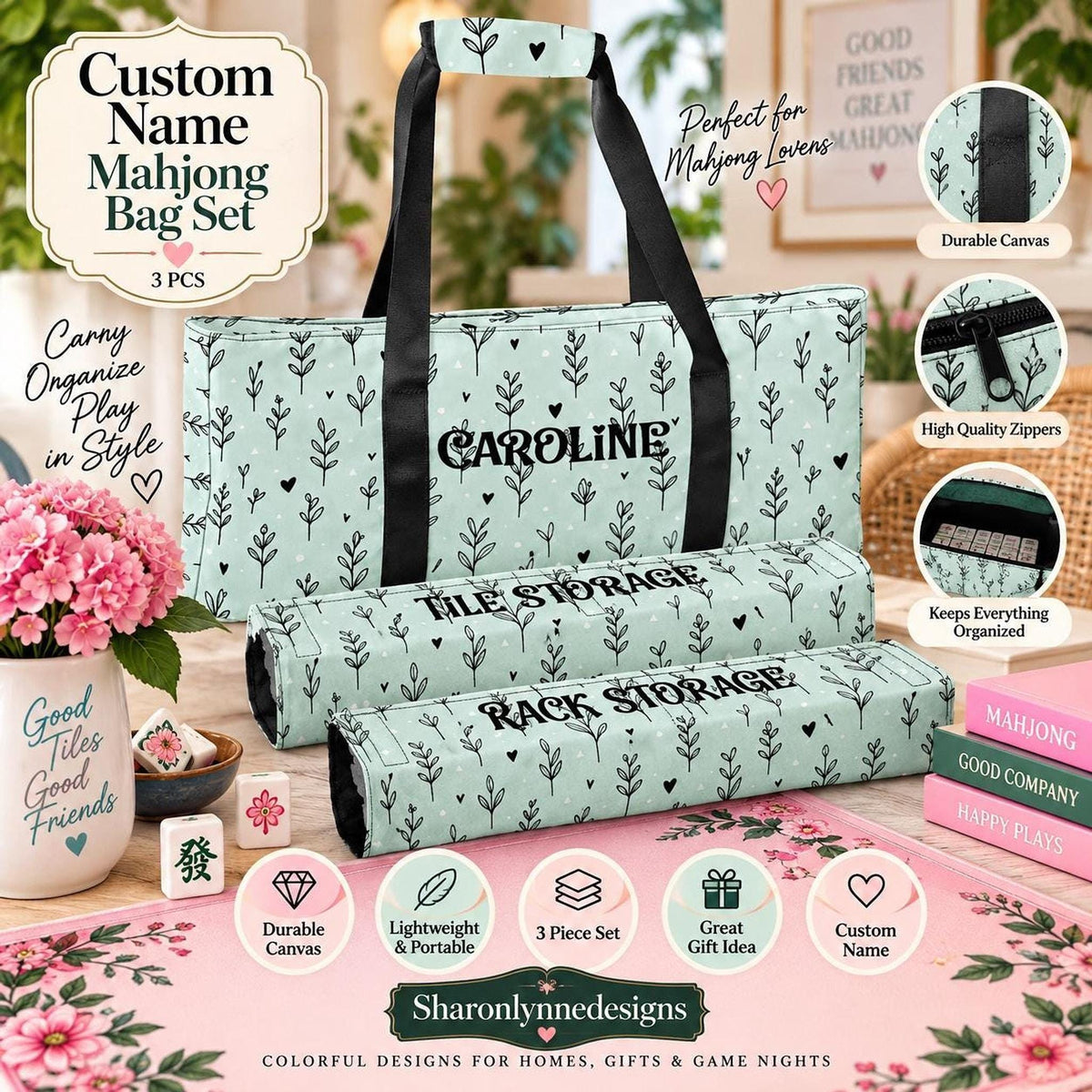 Personalized Mahjong Bag Set, 3-Piece Canvas Storage Organizer