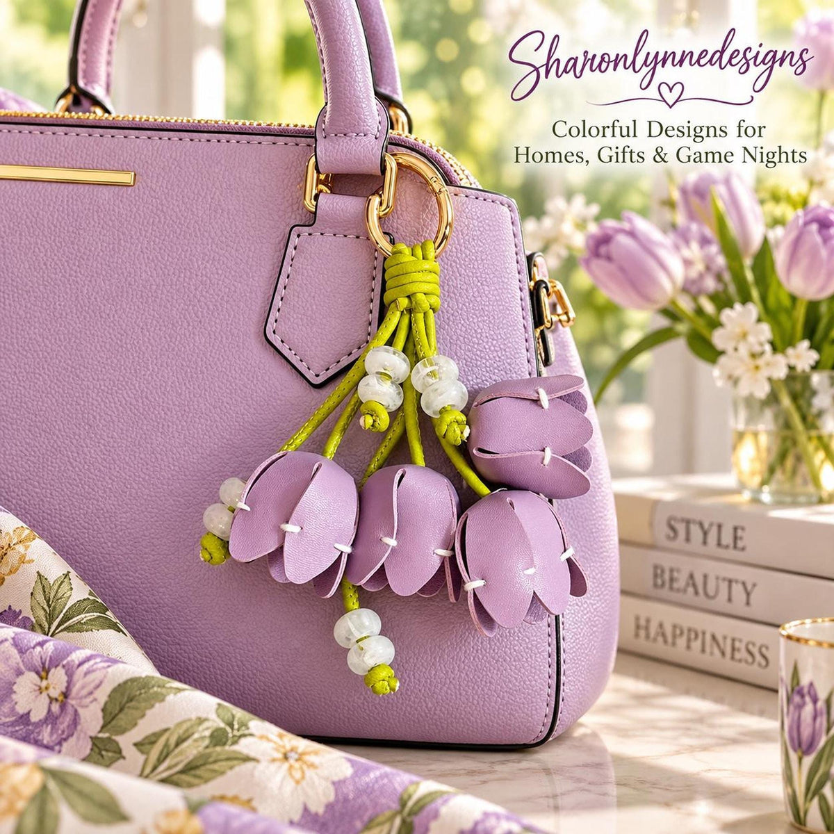Purple Flower Purse Charm, PU Leather Handbag Accessory with Bead Accents