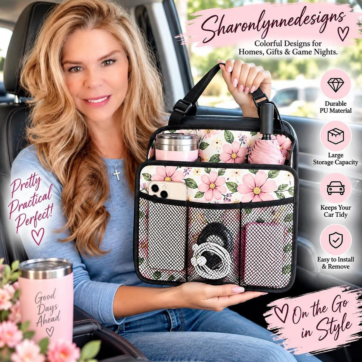 Pink Flower Car Seat Organizer, Floral Backseat Storage Bag, Car Accessories for Women
