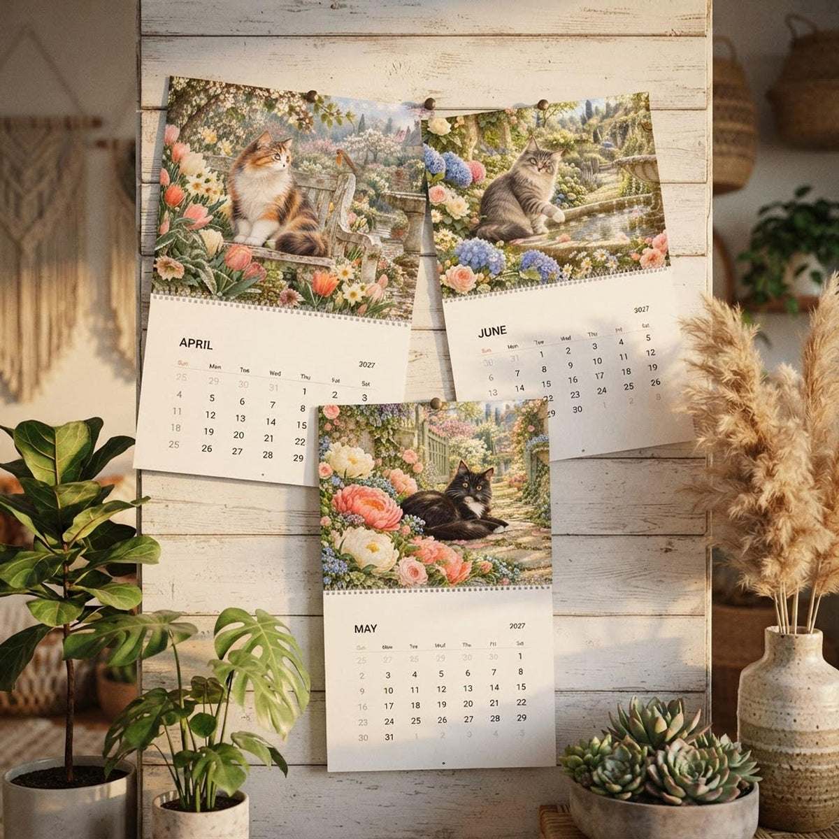 2027 Cat Wall Calendar, Illustrated Seasonal Scenes with Matte Monthly Grids