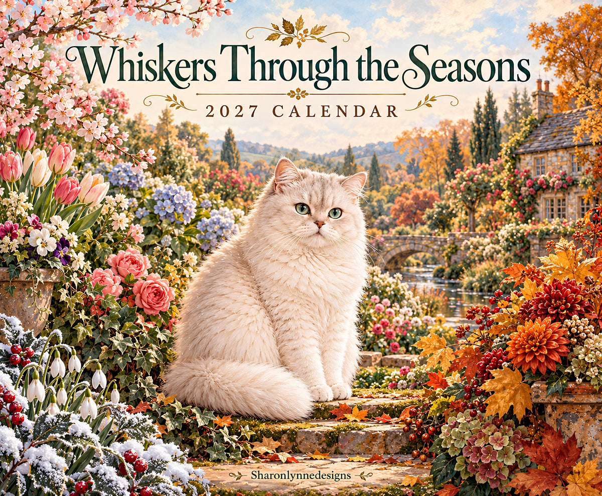 2027 Cat Wall Calendar, Illustrated Seasonal Scenes with Matte Monthly Grids