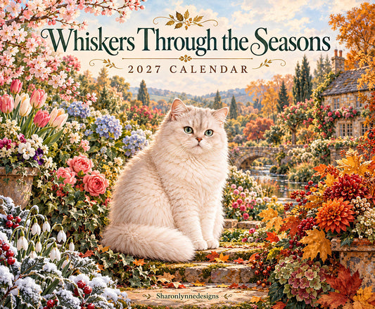 2027 Cat Wall Calendar, Illustrated Seasonal Scenes with Matte Monthly Grids