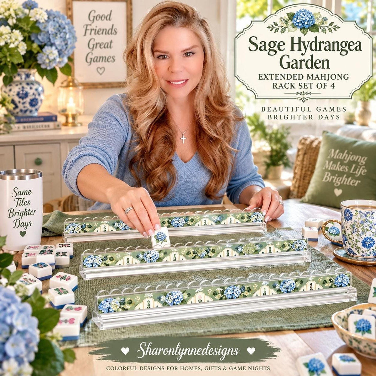 Sage Hydrangea Mahjong Rack Set, 4 Extended Acrylic with Magnetic Pushers