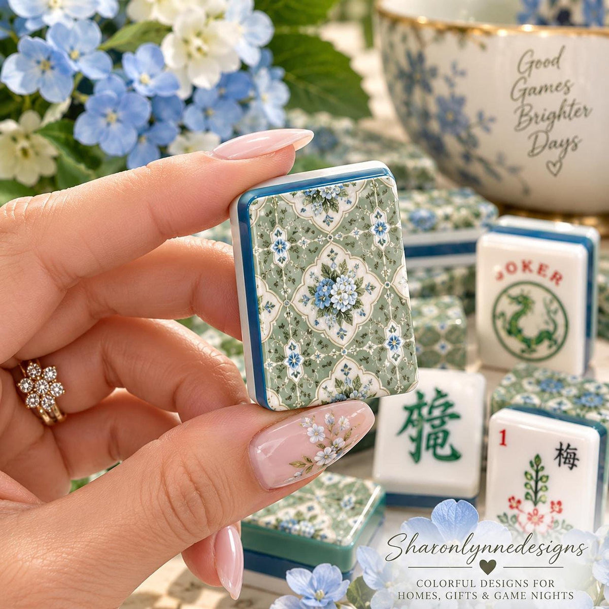 Sage Hydrangea American Mahjong Tile Set