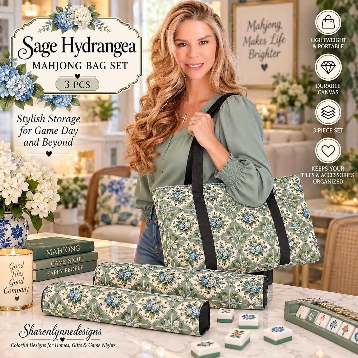 Sage Hydrangea Mahjong Bag Set, 3-Piece Canvas Storage Tote