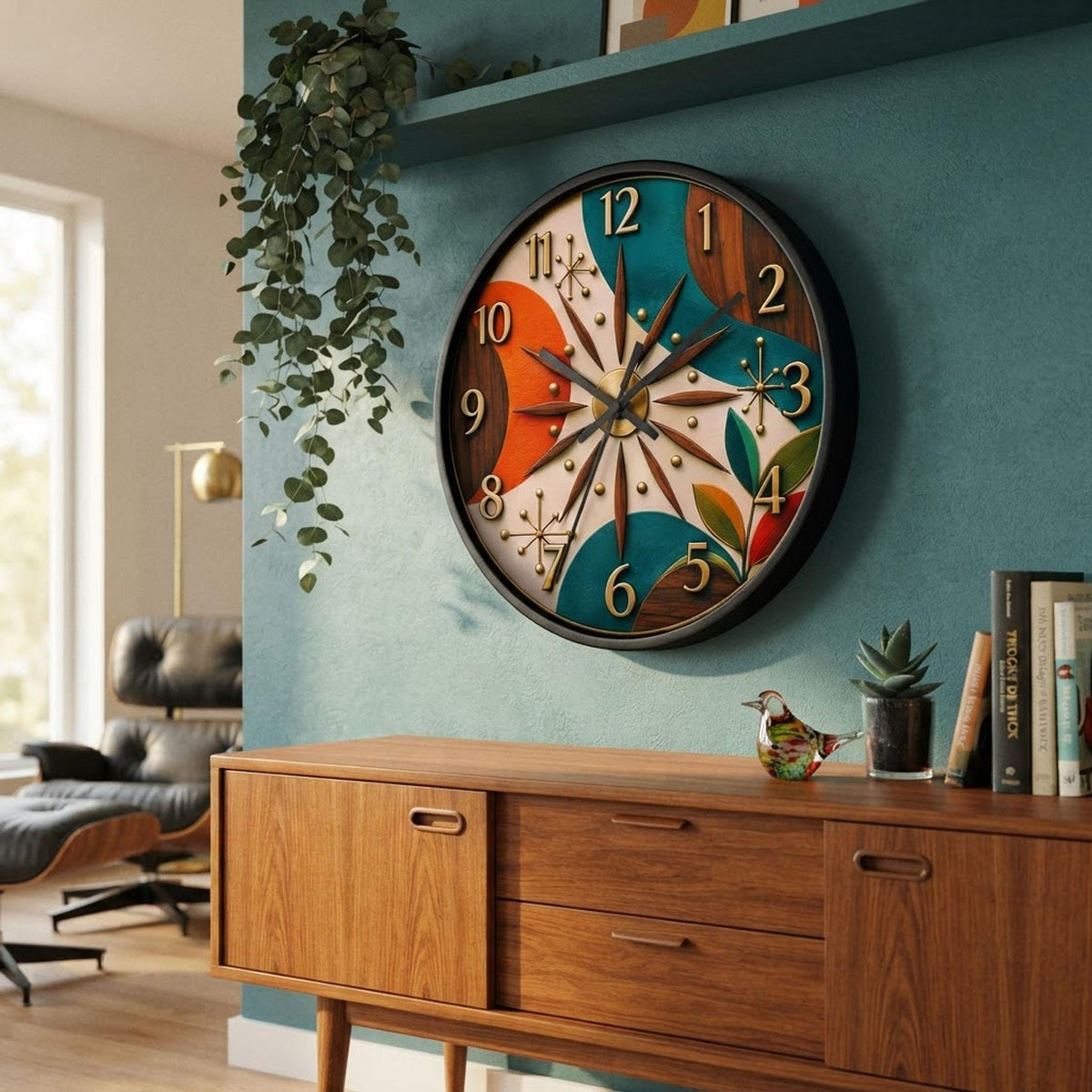 Mid Century Starburst Wall Clock | Retro Atomic Design, Teal Orange Wood Accents