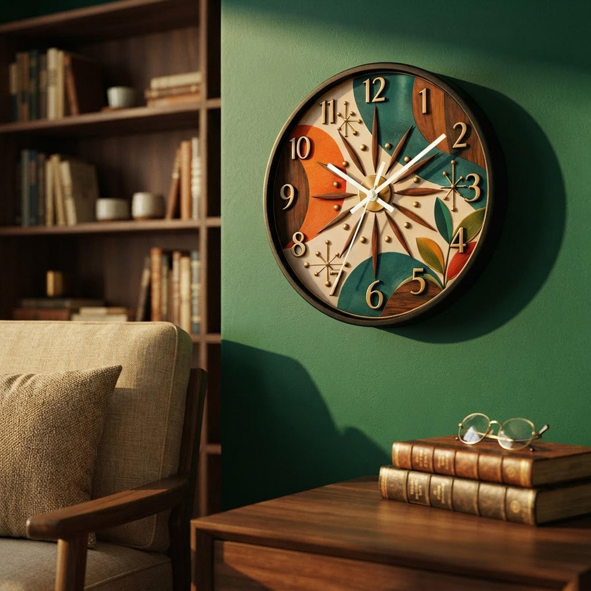 Mid Century Starburst Wall Clock | Retro Atomic Design, Teal Orange Wood Accents