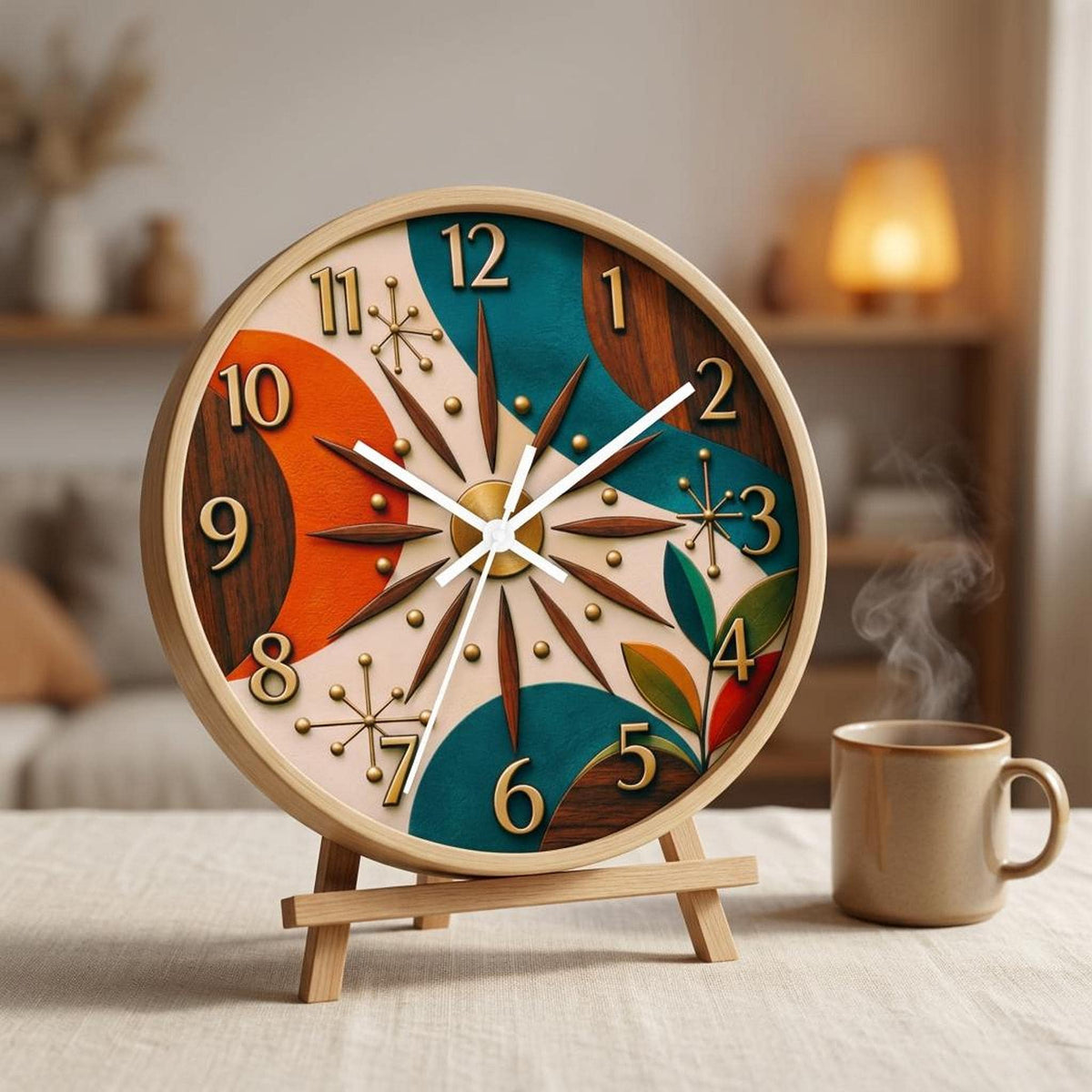 Mid Century Starburst Wall Clock | Retro Atomic Design, Teal Orange Wood Accents