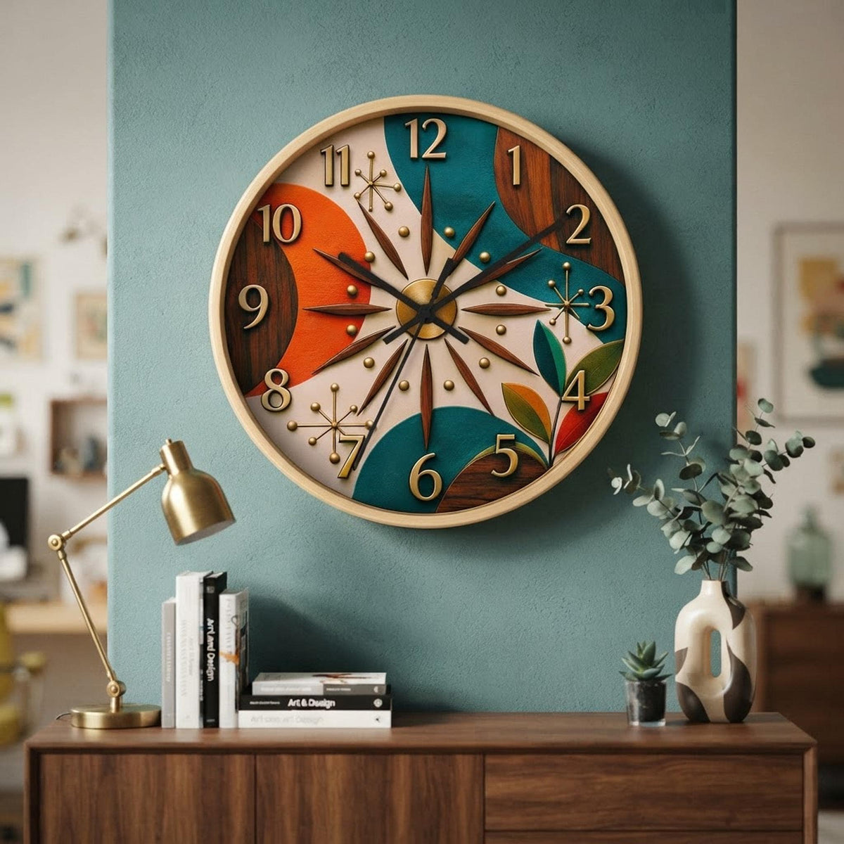 Mid Century Starburst Wall Clock | Retro Atomic Design, Teal Orange Wood Accents