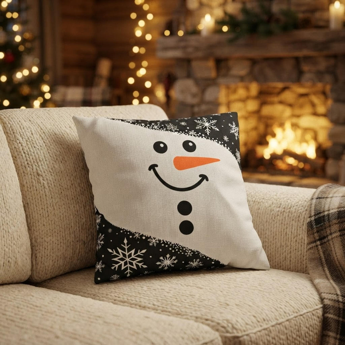 Christmas Pillowcase with Snowman Print, Faux Suede Square Cushion Cover