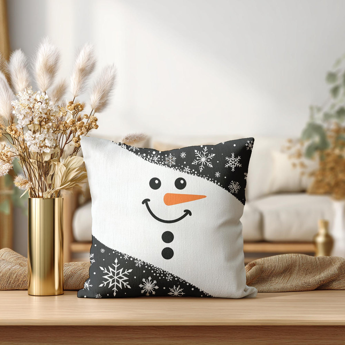 Christmas Pillowcase with Snowman Print, Faux Suede Square Cushion Cover