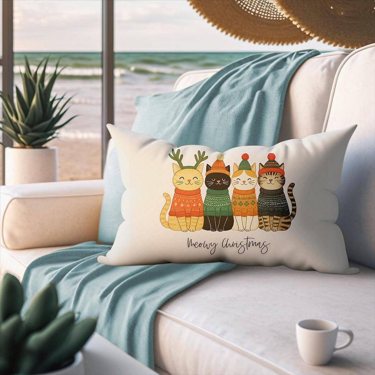 Christmas Cat Pillow, Polyester Lumbar Cushion with Double-Sided Meowy Print