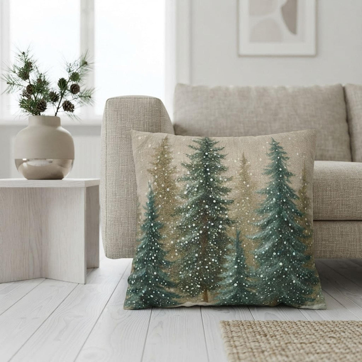 Nature Pillow Cover, Faux Suede Woodland Forest Cushion Double-Sided Pine Trees