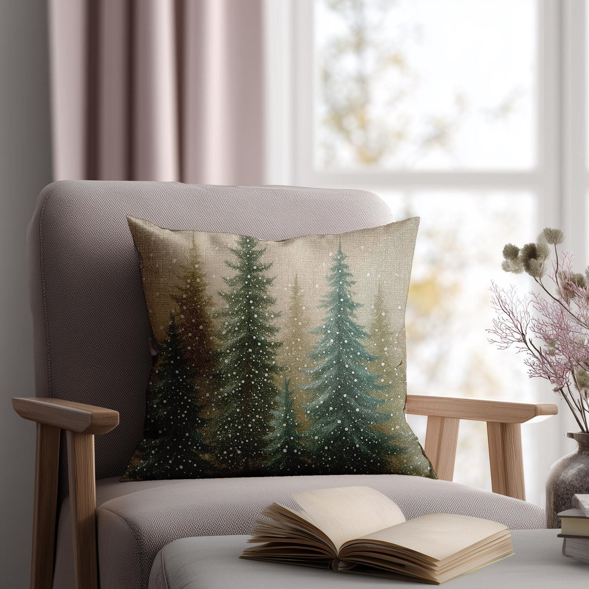 Nature Pillow Cover, Faux Suede Woodland Forest Cushion Double-Sided Pine Trees