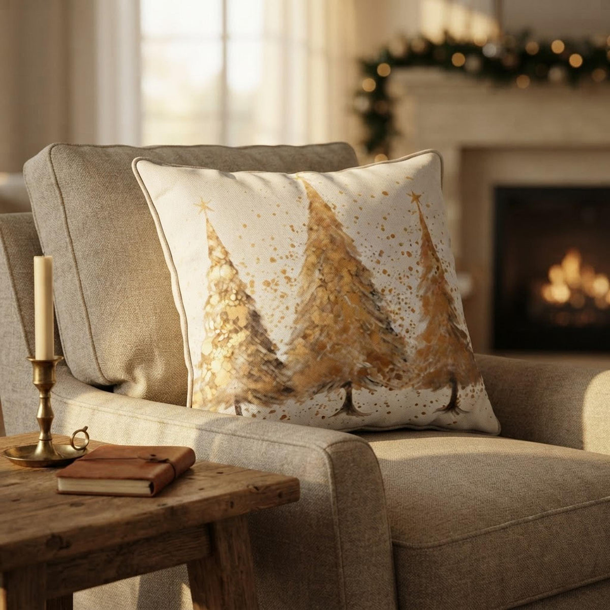 Christmas Pillowcase, Gold Tree Polyester Cover with Concealed Zipper