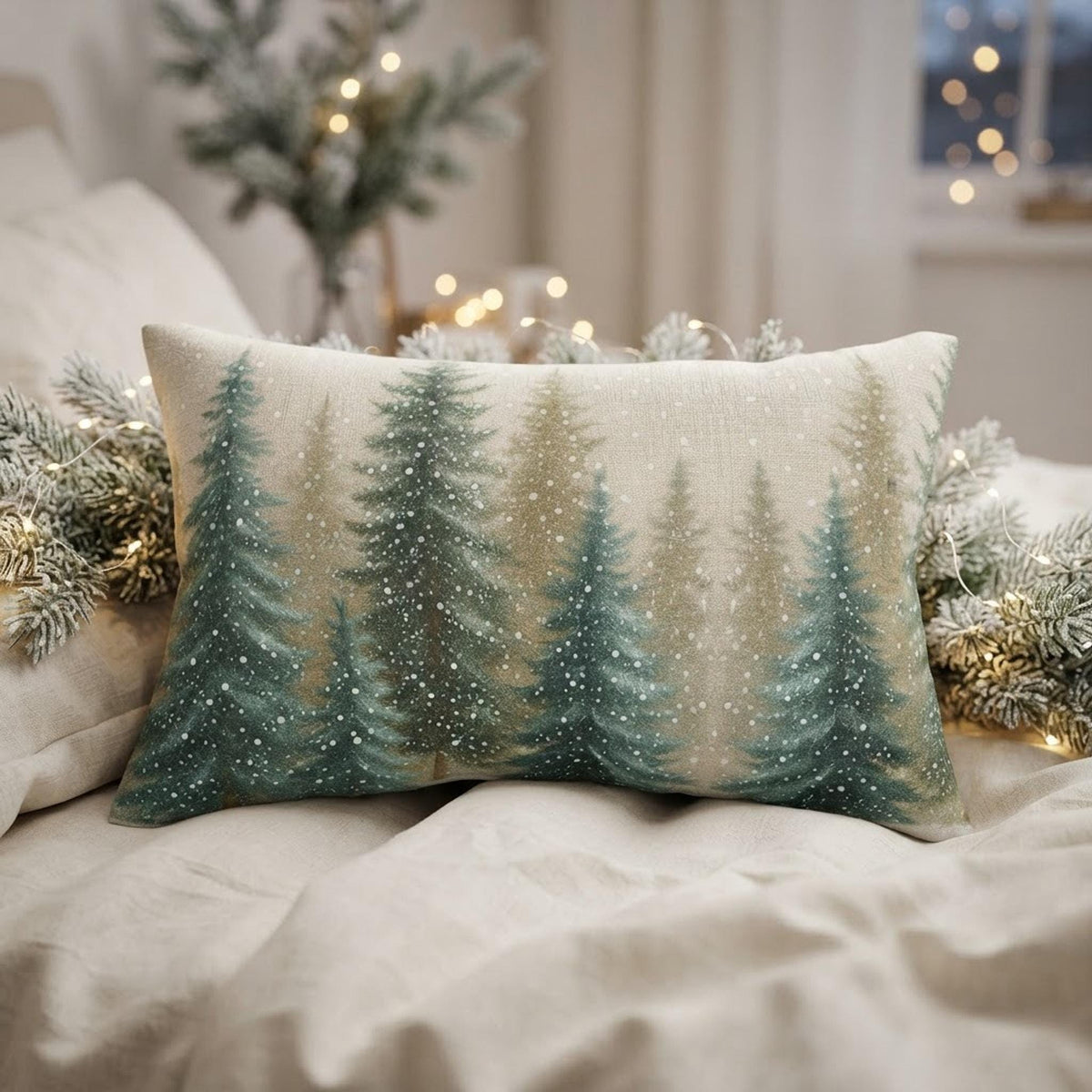 Snowy Pine Pillow, Polyester Lumbar Throw Cushion with Double-Sided Evergreen Design