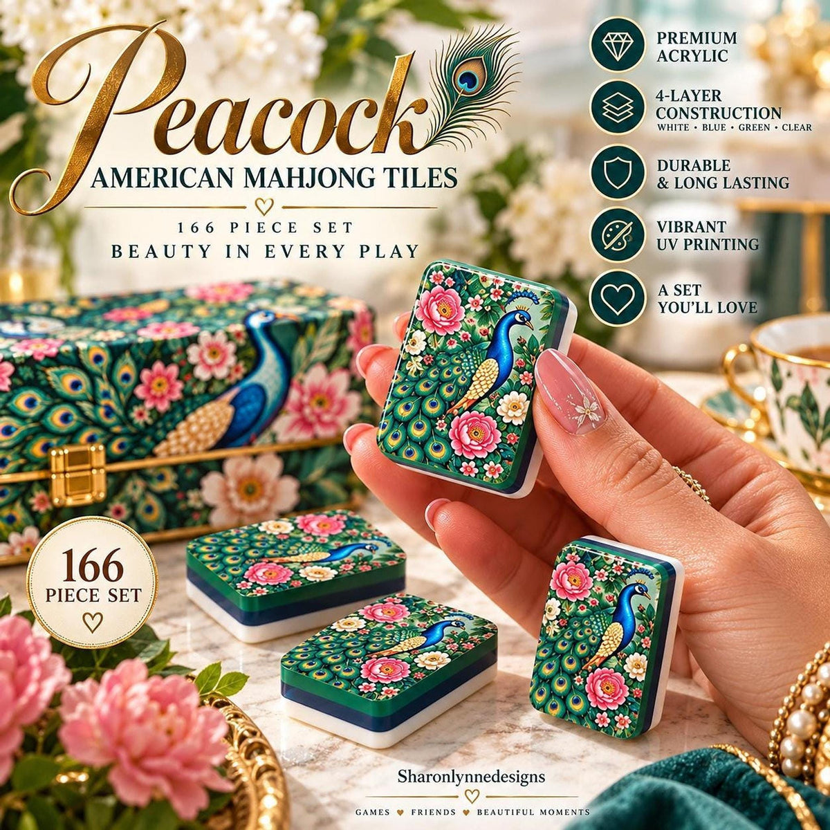 Peacock American Mahjong Tile Set, 166-Piece 4-Layer Acrylic Design