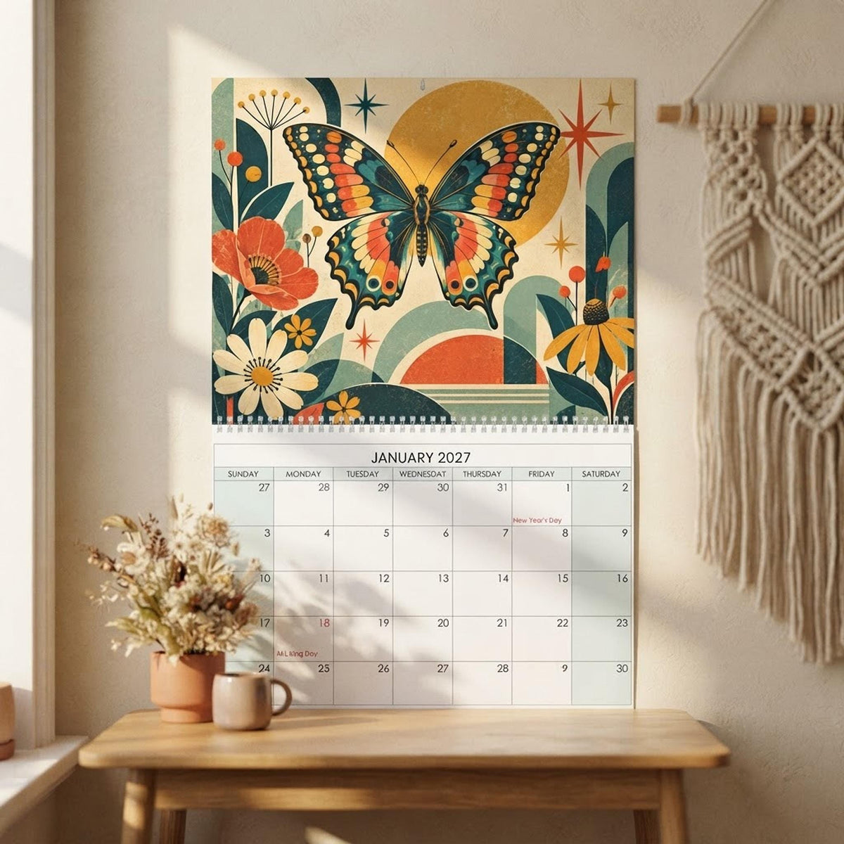 2027 Butterfly Wall Calendar, Retro Dragonfly Art on Matte Paper