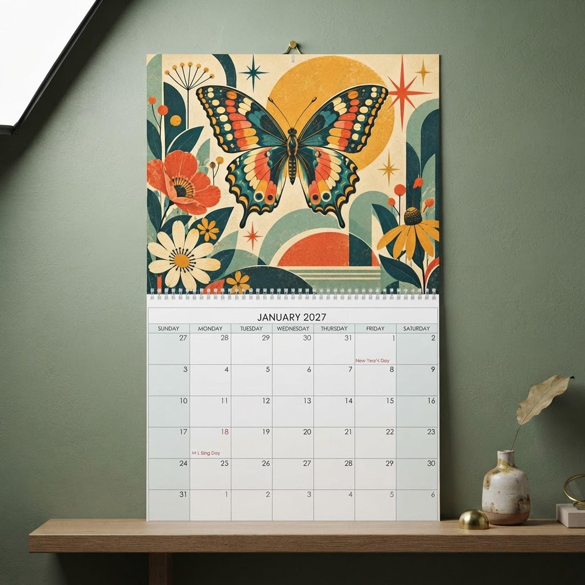 2027 Butterfly Wall Calendar, Retro Dragonfly Art on Matte Paper