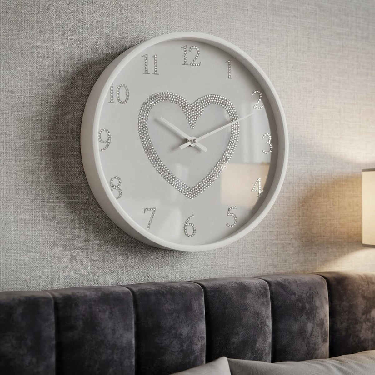 White Heart Wall Clock, 10-Inch Wood Frame with Rhinestone Bling