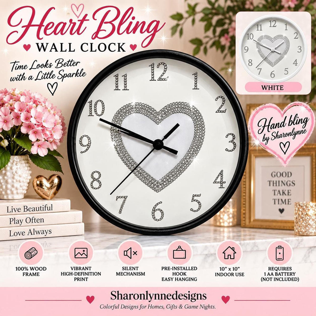 Heart Wall Clock, 10-Inch 100% Wood Frame Rhinestone