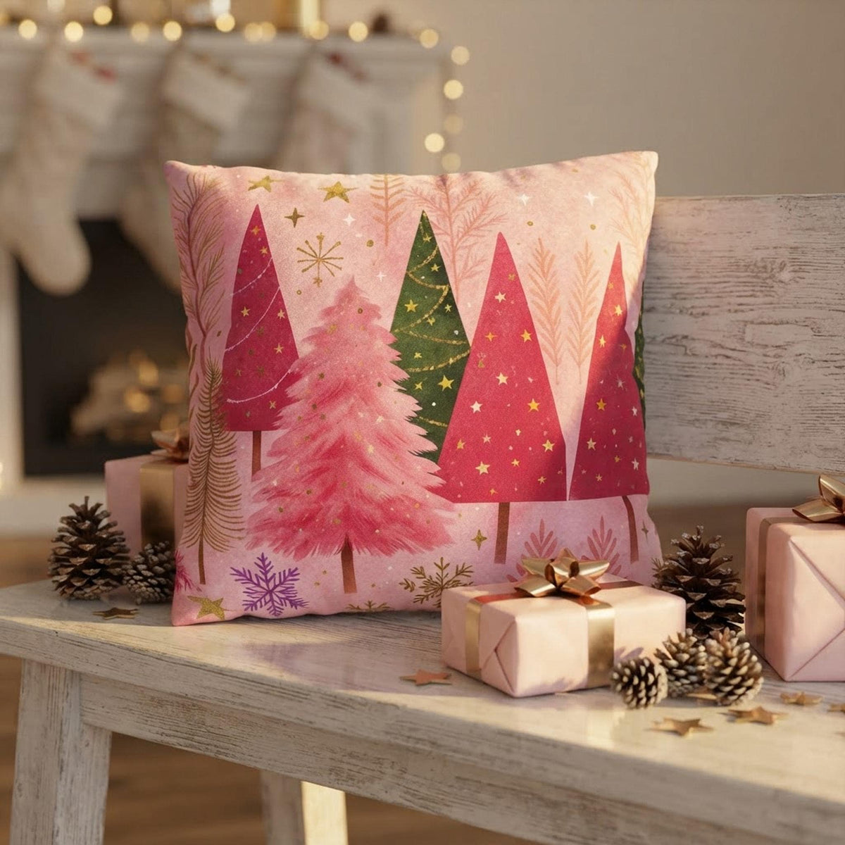 Square Pillowcase, Pink Christmas Tree Faux Suede Cover with Double-Sided Print