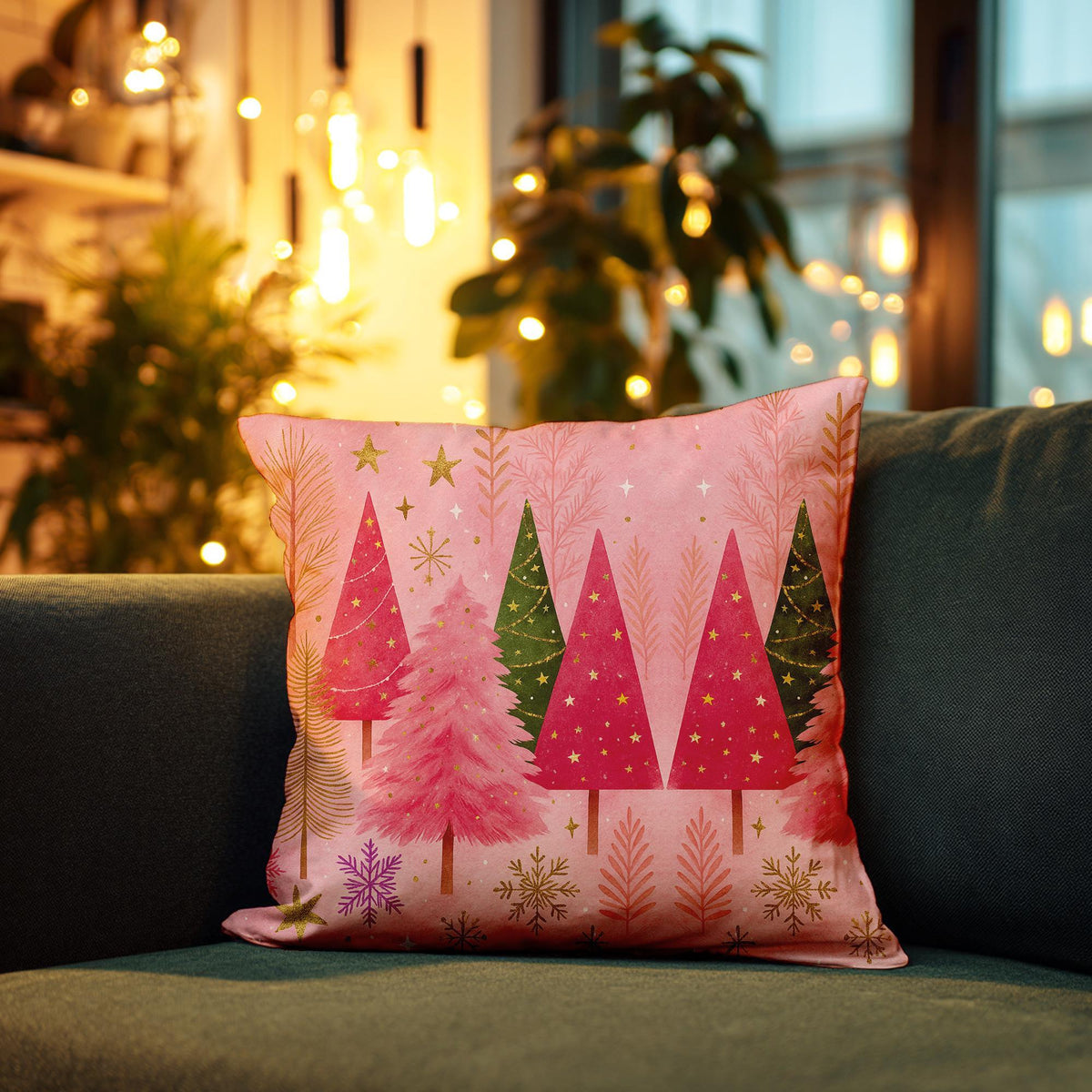 Square Pillowcase, Pink Christmas Tree Faux Suede Cover with Double-Sided Print