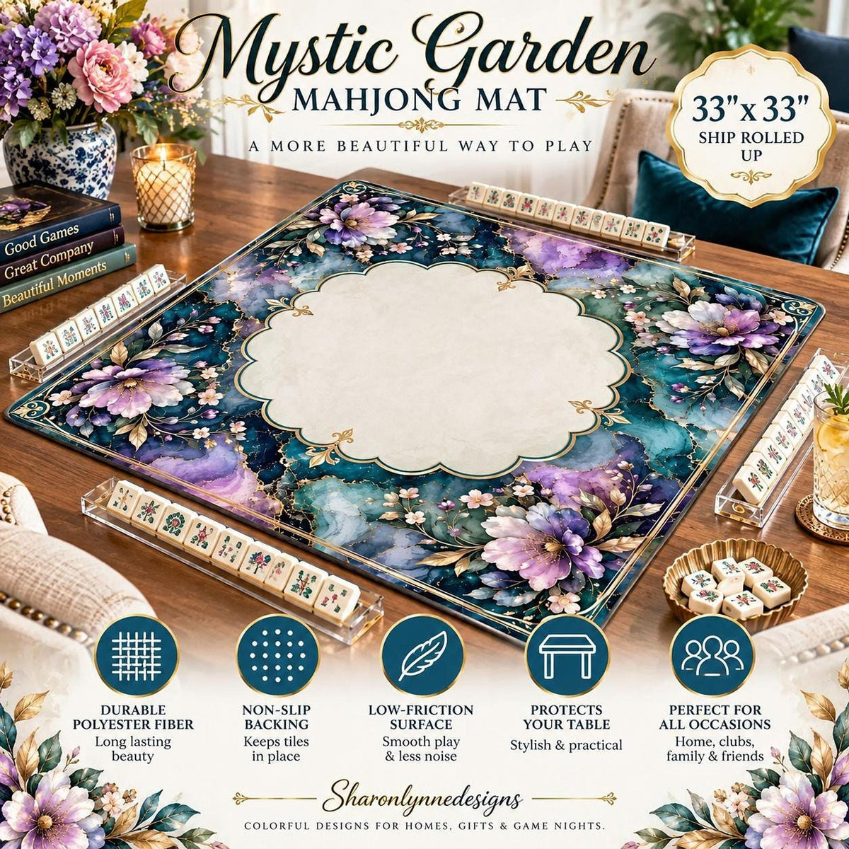 Mystic Garden Mahjong Mat 33"x33" (Ship Rolled up)