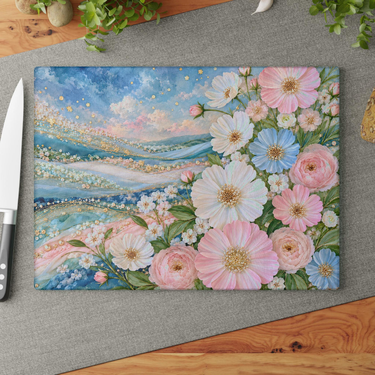 Pastel Floral Glass Cutting Board, Tempered Surface in Two Sizes