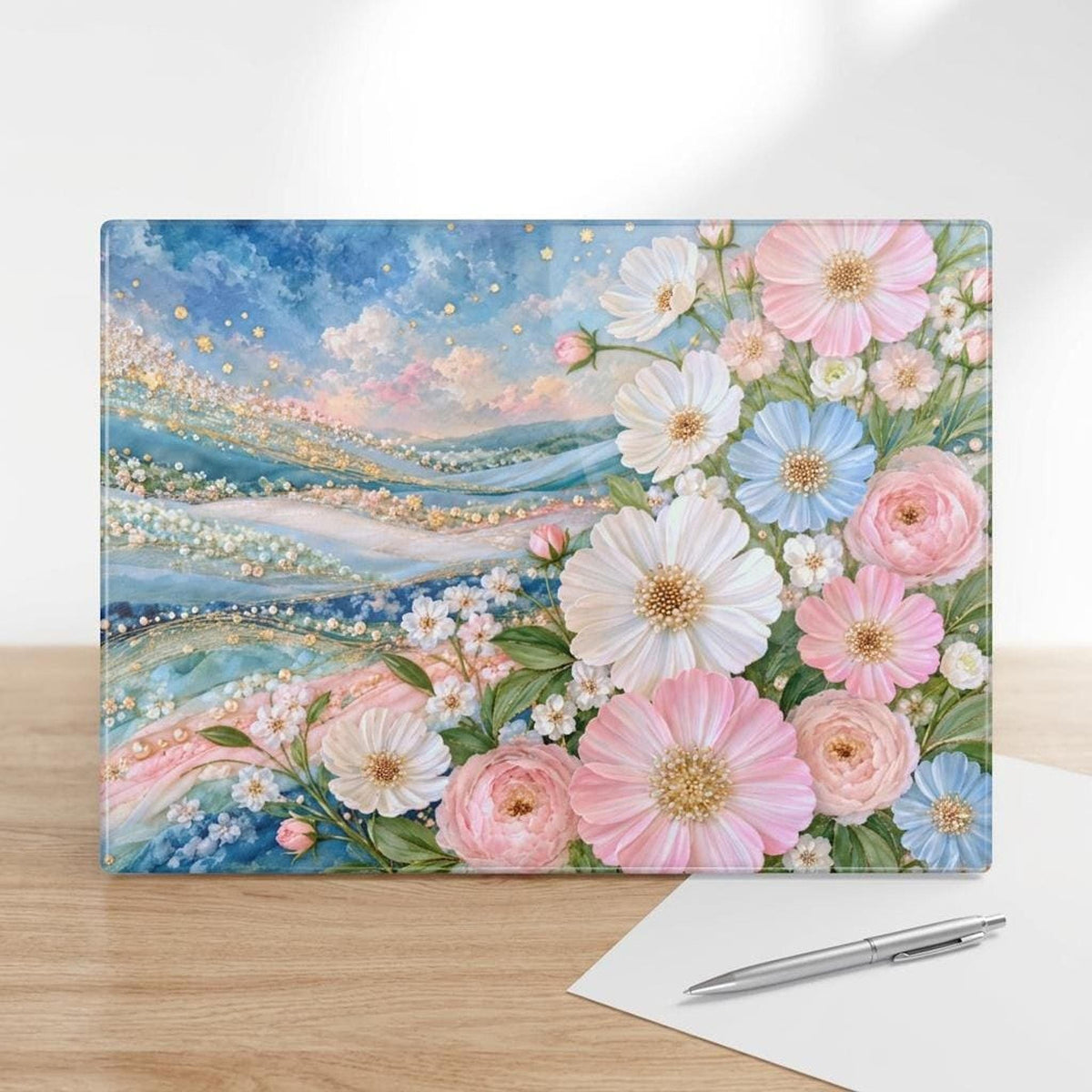 Pastel Floral Glass Cutting Board, Tempered Surface in Two Sizes