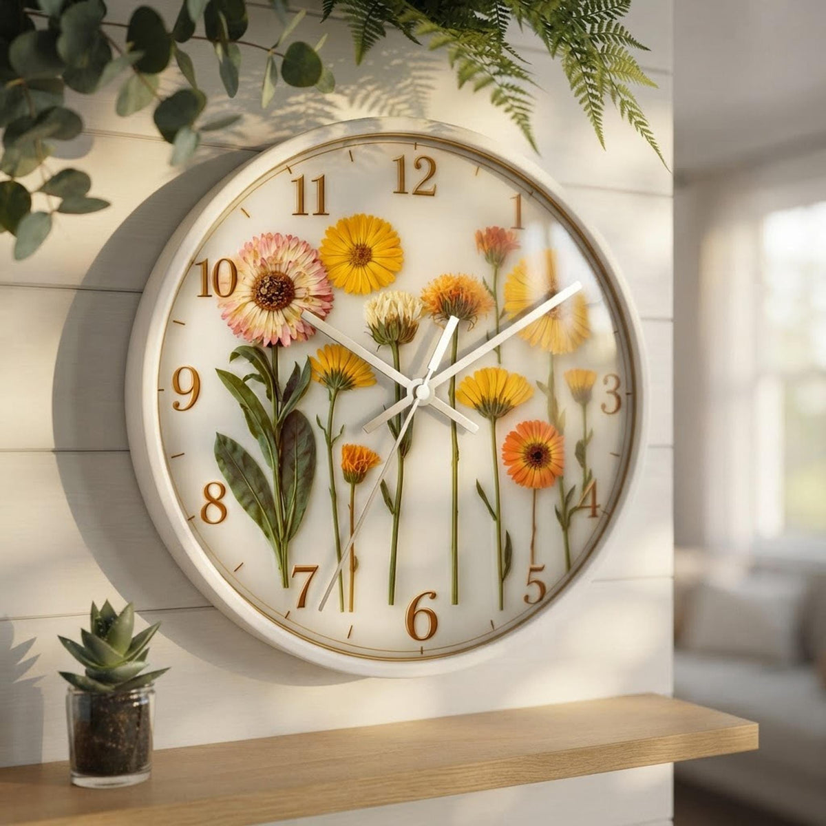 Pressed Yellow Flowers Wall Clock | Floral Botanical Home Decor