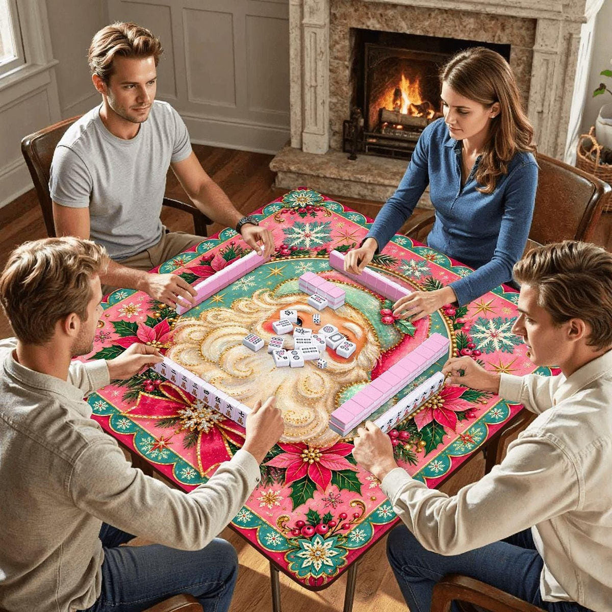 Santa Mahjong Mat, Pink Christmas Design with Non-Slip Rubber Backing
