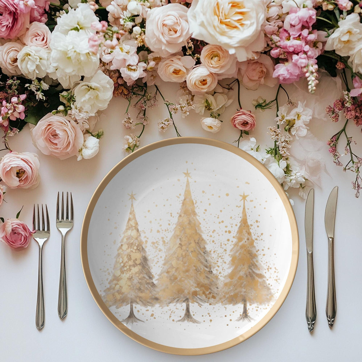 Gold Christmas Plate, 10-Inch Polymer Dinnerware with Tree Design