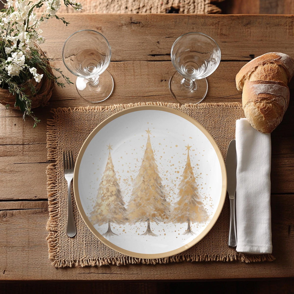 Gold Christmas Plate, 10-Inch Polymer Dinnerware with Tree Design