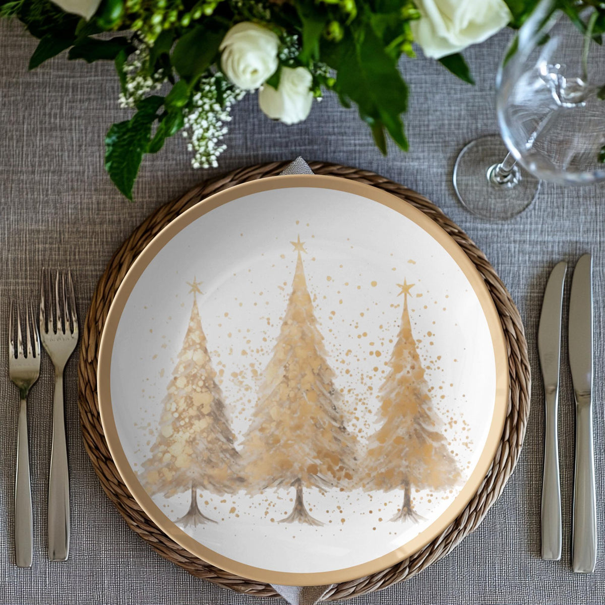 Gold Christmas Plate, 10-Inch Polymer Dinnerware with Tree Design