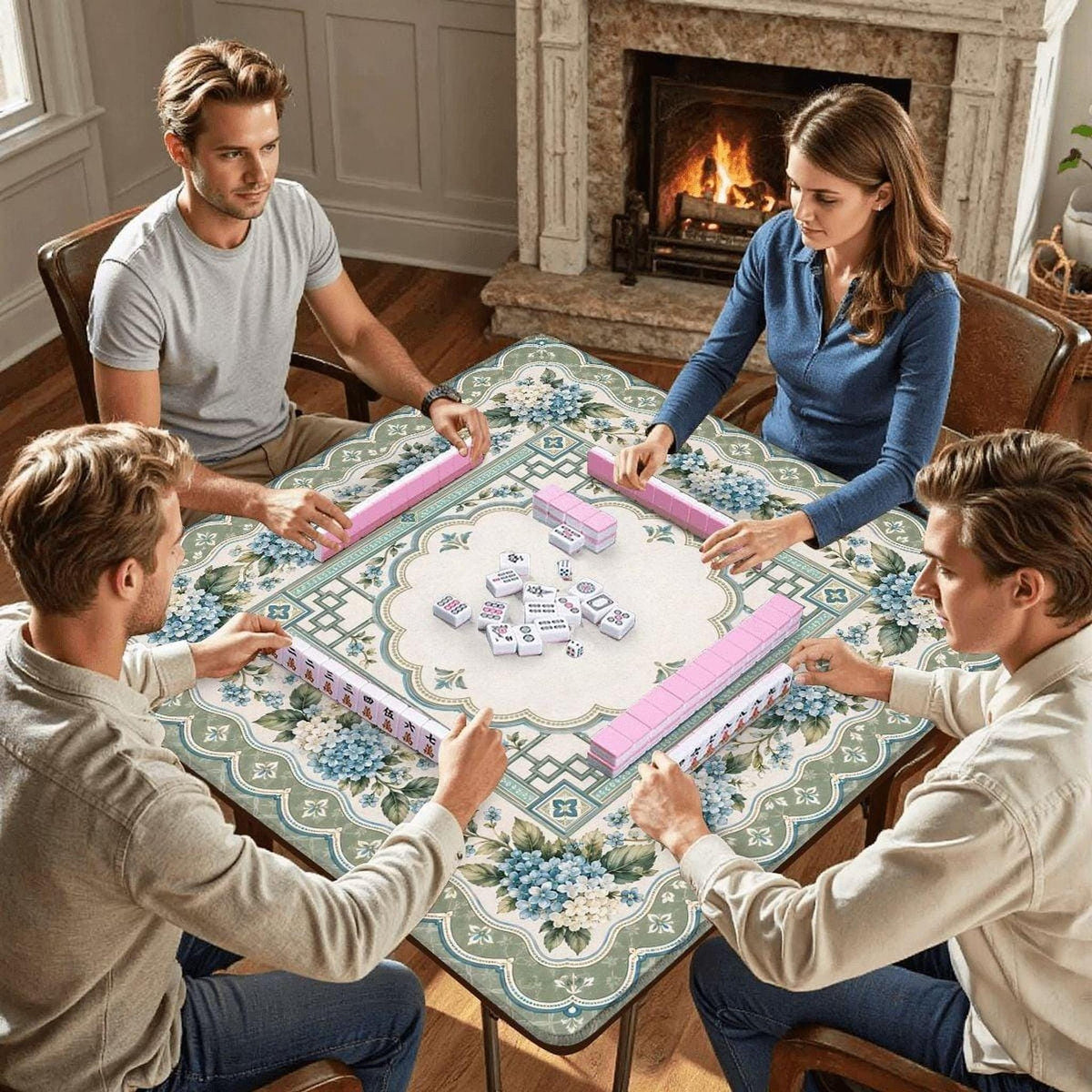 Sage Hydrangea Mahjong Mat, Polyester Surface with Non-Slip Rubber Backing