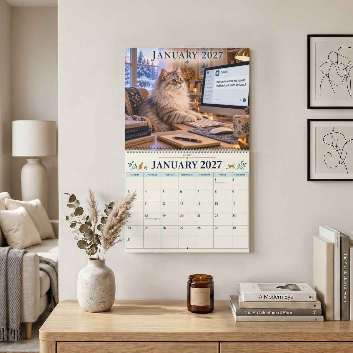 Cat GPT 2027 Wall Calendar | Funny cat desktop AI theme, monthly planner